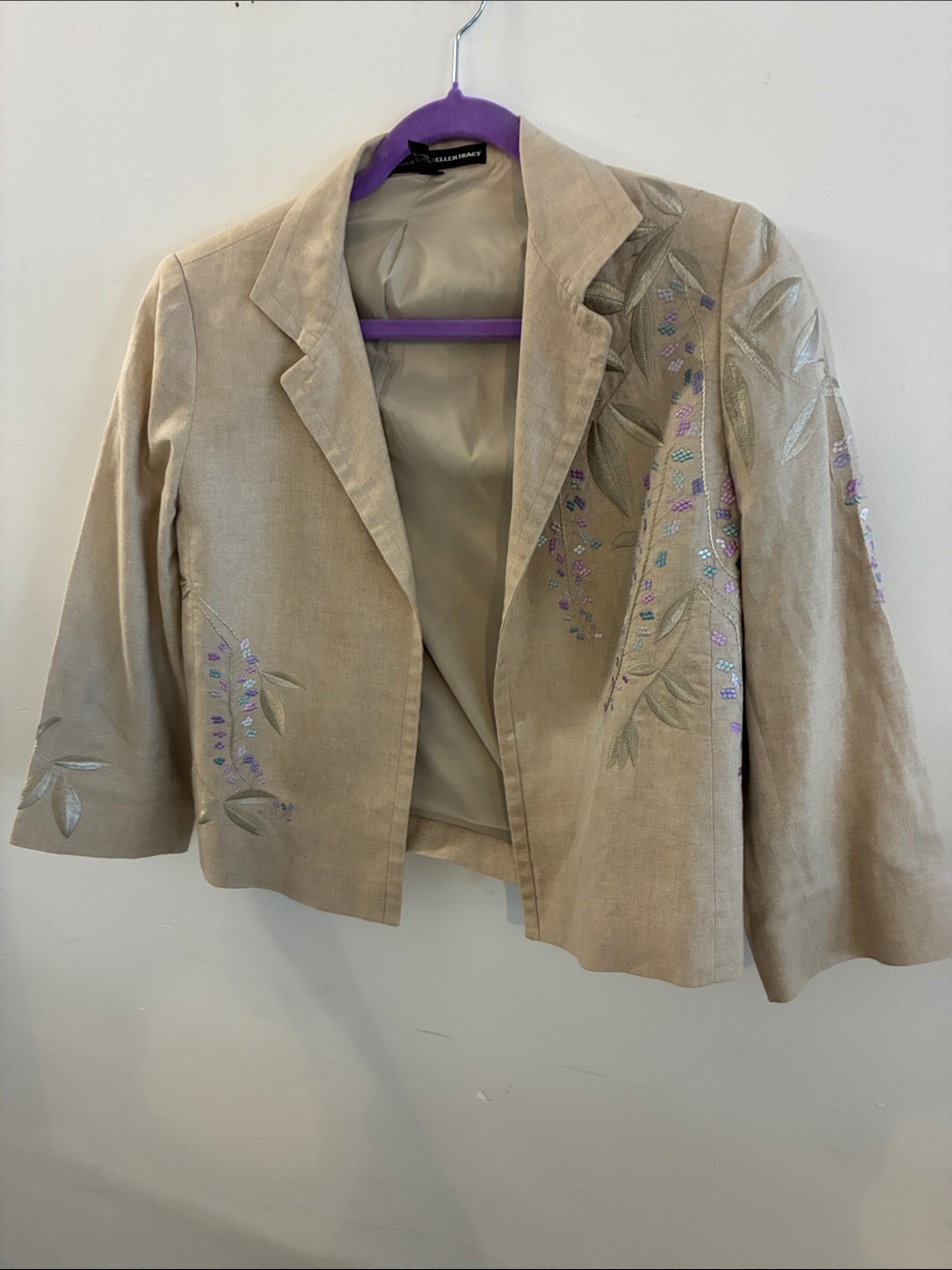 Linen Beige Shoulder Pads-Embroidered Jacket 3/4 Sleeves 12P